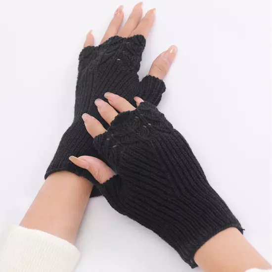 Womens Fingerless Gloves Wool Knitted Mittens Wrist Half Finger Short Gloves