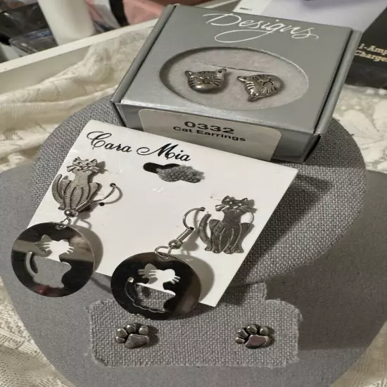 Silver Tone Animal Cat Earrings Pierced Lot Of 4 Dangle And Stud Style