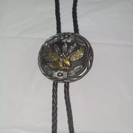 S.S.I. Embossed Eagle & Floral Bolo Tie with Leather Cord