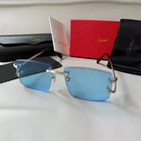 Men Cartier Sunglasses Rimless Glasses Blue Lenses Eyeglasses