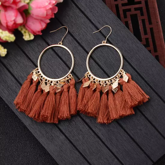 Fashion Women Bohemian Earrings Long Tassel Fringe Drop Dangle Ear Stud Jewelry