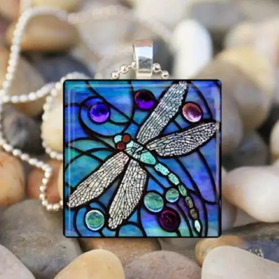 New Sterling Silver Good Luck Dragonfly Wire Dangle Earrings Glass Tile Necklace