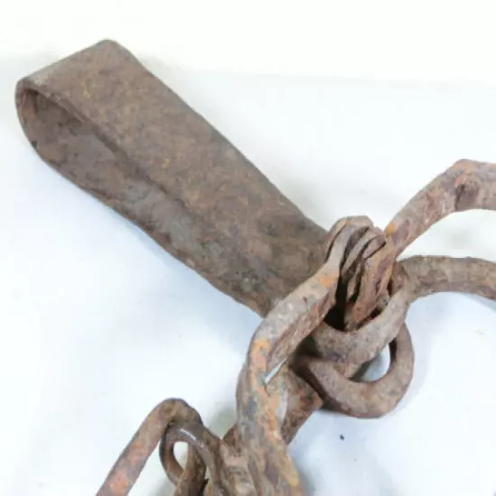 18thC Antique Hand Forged Iron Animal Trap Wrought Jaws and Chain w/ Double Hook