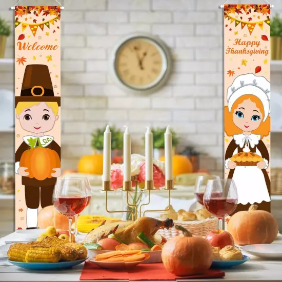 Fall Decorations Porch Banner Thanksgiving Decorations Pilgrim Boy and Girl P...