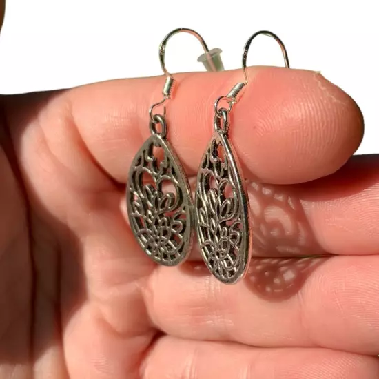 Silver Filigree Flower Heart Teardrop Earrings 925 Sterling Silver Hooks