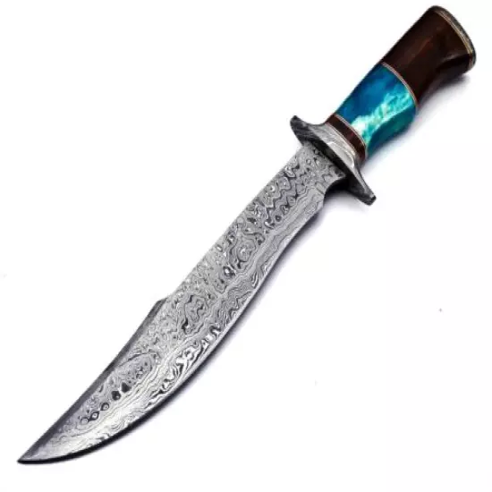 Handmade Damascus Steel 15 Inches Bowie Knife - Solid Marindi Wood Bone Handle