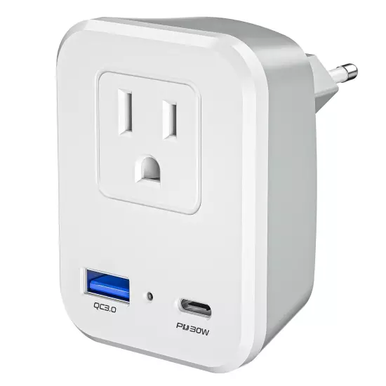  2 USB European Travel Adapter, 2500W International Power Plug for US to Most EU