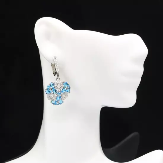 Stunning Swiss Blue Topaz White CZ Women Engagement Silver Earrings 