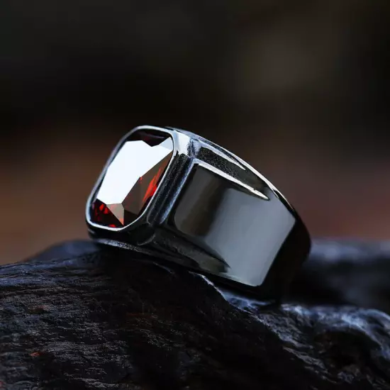 Red Stone Inlay Retro Wedding Ring Stainless Steel Men's Vintage Band Ring Black