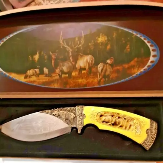 Carved Elk Collectors Edition Knife With Etched Blade in Box