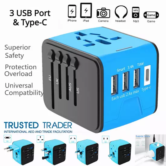 International Universal Travel Adapter 3 USB Type-C Converter Power Plug Charger