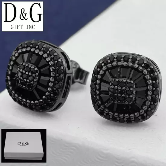 DG Men's Sterling Silver 925.Black CZ Iced Bling 11mm*Earring.Hip Hop Unisex*Box