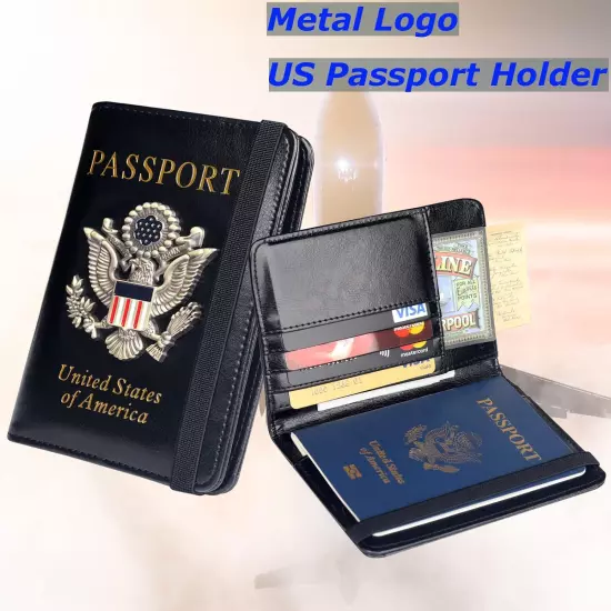 Passport Holder Wallet Cover Case for Men Women Family, Metal US Badge Passport 