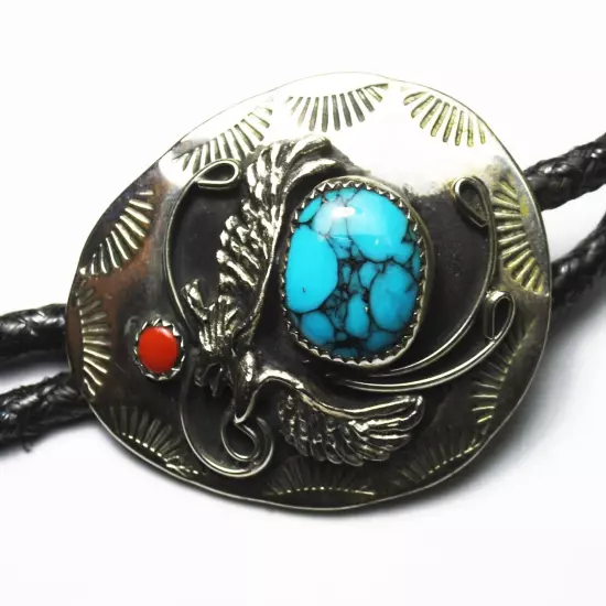 Nickel Silver Teardrop Turquoise Coral 49mm x 38mm Bolo 18.5"