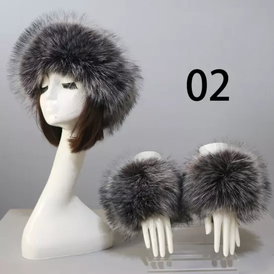 Women Wam Faux Fur Hat Cuff Set Winter Warmer Hat Arm Wrist Sleeve Gloves