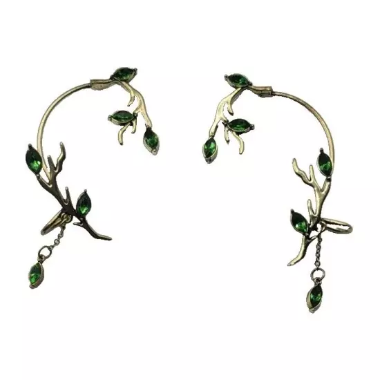 Ear Cuffs Gold Tone Green Stone Dangle Tree Plant Vine Design 