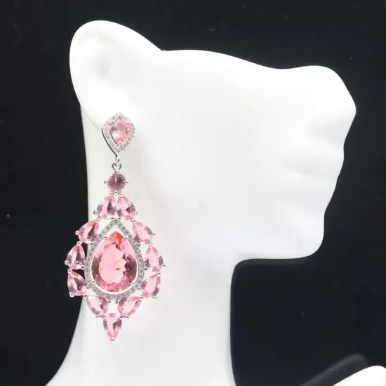 Deluxe Long Big Heavy Created Pink Morganite CZ Gift For Sister Silver Earrings