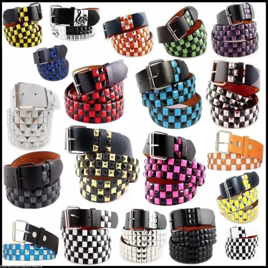 Mens Womens 3-Row Metal Pyramid Studded Leather Belt Checker Punk Rock Goth Emo