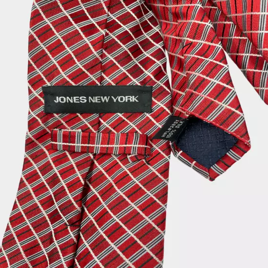 Jones New York Red Blue Striped Plaid Geometric Necktie Silk Tie 3.8" x 59"