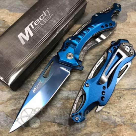 MTech Plain Blade Tactical Hunting Spring Assisted Pocketknife [Blue/Silver]