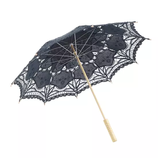 Black Lace Umbrella Sun Parasol Victorian Wedding Cosplay Lace Cotton Wood Metal