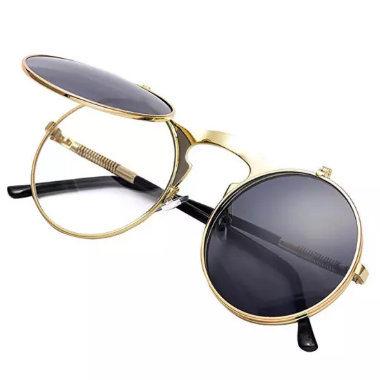 Round Metal Flip Up Sunglasses Retro John Lennon Circle Vintage Unisex Glasses