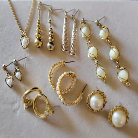 15pc. Lot | Pierced Earrings Necklace | Pearl Hoops | Gold-tone | Rhinestones