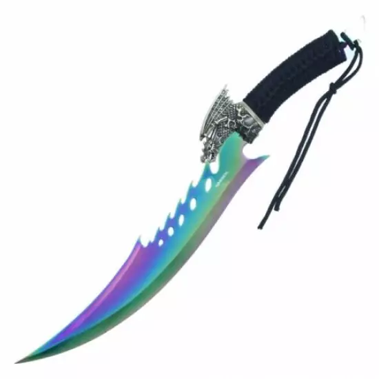 Fixed Blade Fantasy Knife | 19" Dragon Rainbow Short Sword Dagger HWT253RW