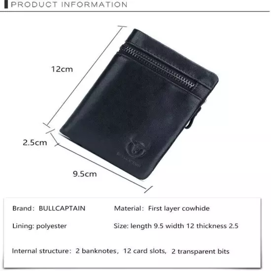 BULLCAPTAIN Retro Genuine Leather RFID Mens Wallet Card ID Holder Zipper Purse