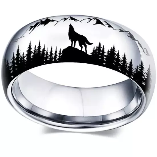 Wolf In The Forest Outdoor Pattern Men's Ring, Black Silvery Color Stainless Ste