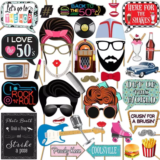 50s Photo Booth Props - 41-pc Photo Booth Kit with 8 x 10-Inch Sign, 60 Adhes...