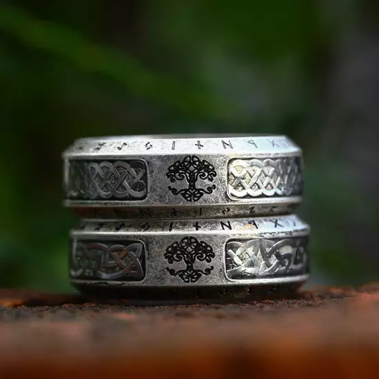 Vintage Viking Runes Celtic Knot Tree of Life Ring Stainless Steel Wedding Band