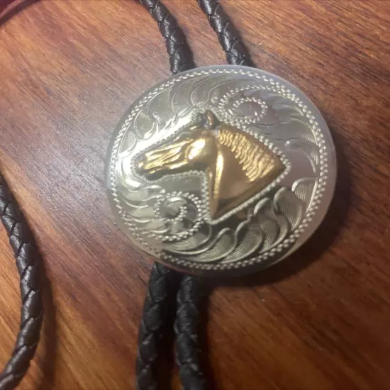 Vintage Comstock Silversmith Bolo With Two Tone Horse Braided Cord 17” Long