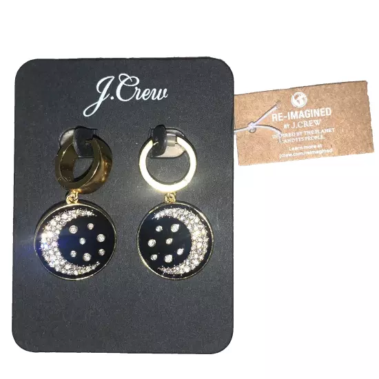 J. Crew Luna Coin Huggie Drop Statement Earrings NWT Pave Moon Celestial Enamel!