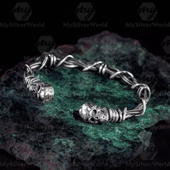 925 Sterling Silver Handmade Men's Adjustable Barbed Wire Skull Cuff Bracelet