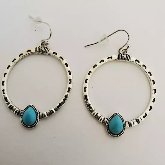 Boho Silver Round Circle Hoop Dangle Earrings with Turquoise for Women Western