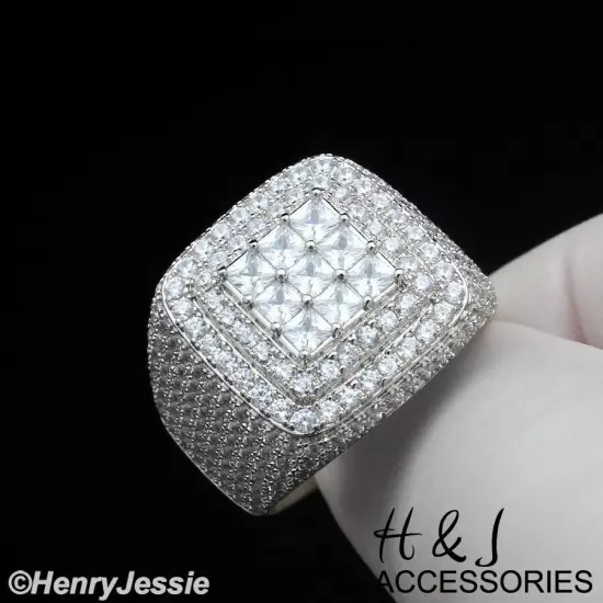 MEN SOLID 925 STERLING SILVER ICY BLING BAGUETTE CZ HIP HOP 3D SQUARE RING*SR190