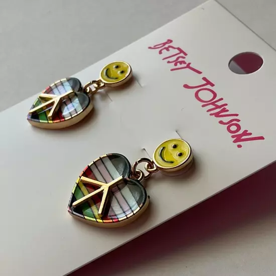 Betsey Johnson One Love Rainbow Heart Peace Earrings Smiley Face