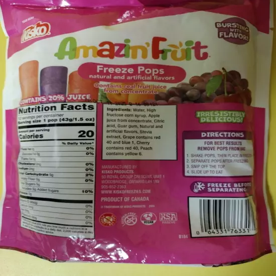 KISKO AMAZIN' FRUIT Freeze Pops NATURALLY FLAVORED PEACH, GRAPE, CHERRY