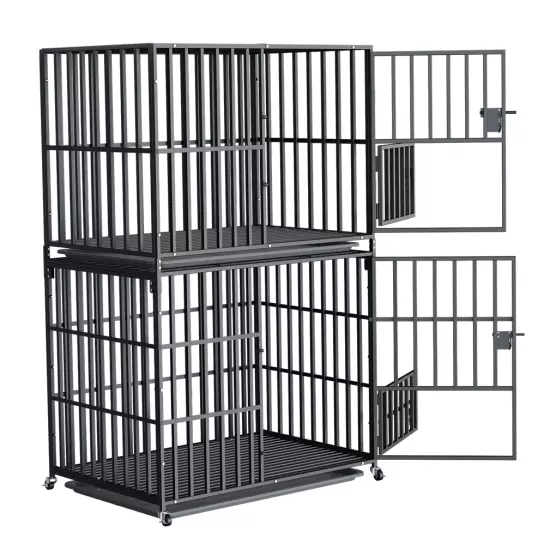 2 Tier Stackable Dog Cage Crate Thick Wire Bar Dog Kennel Portable Feeding Door 