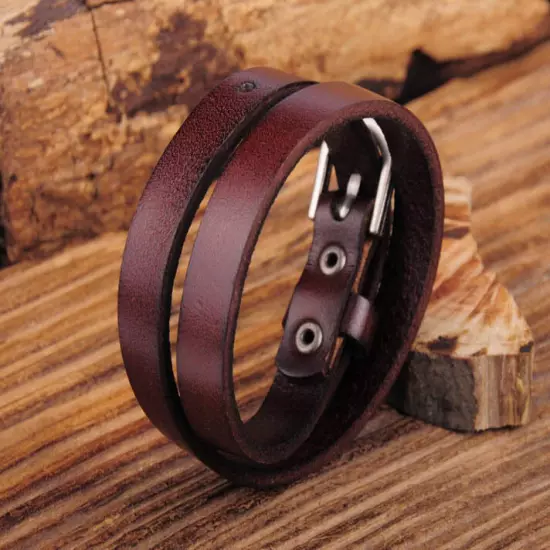 Surfer Plain Cool Double Wrap Men's Punk Leather Bracelet Wristband Cuff Brown