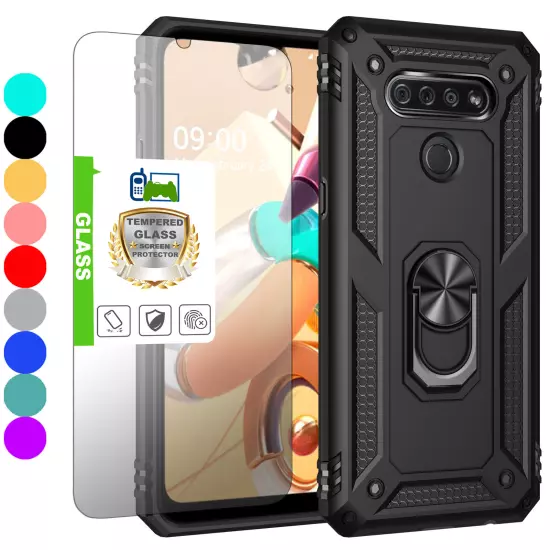 For LG K51 Q51 Reflect Case Shockproof Ring Stand Phone Cover w/ Tempered Glass