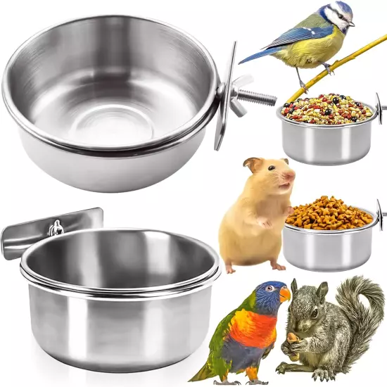 2 Pack Stainless Steel Bird Feeding Dish Cups, Bird Feeder Parrot Food Water Bow