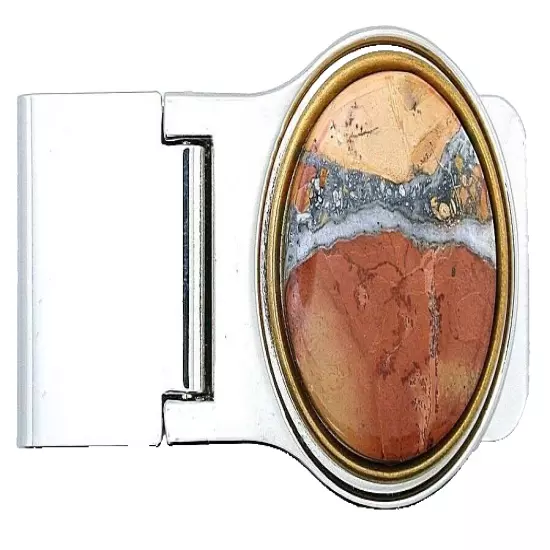 24mm Round Scene Jasper Steel Gold Color Bezel Hindged Money Clip PMC138/9924