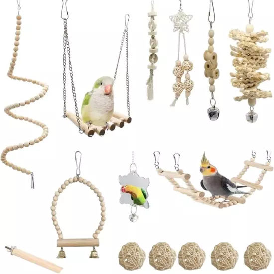 15 Packs Bird Parrot Swing Toys Birds Natural Wood Chewing Toy Standing Hanging 