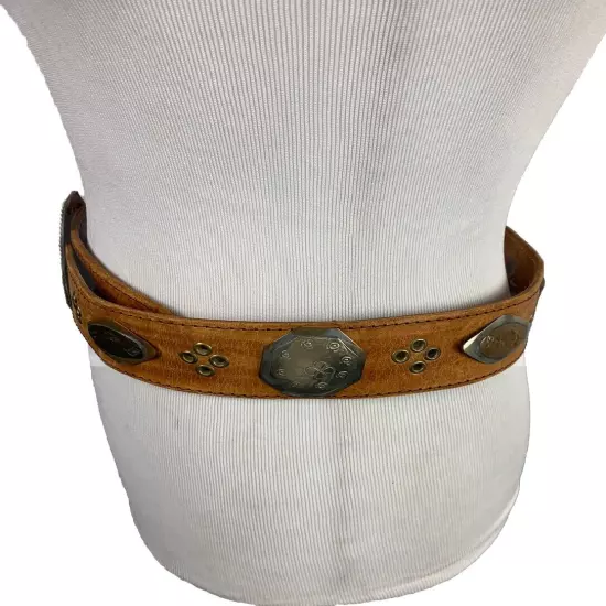 Moroccan BOHO Leather Medallion Belt Vintage Silver Plate Tan Fits 31”-37”