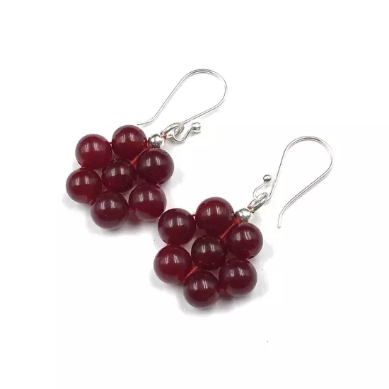 Gift For Her Silver Dark Red Jade Jewelry Beaded Drop/Dangle Earrings 1.8"