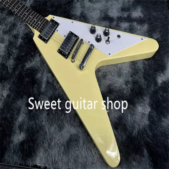 Yellow Flying V Electric Guitar Fixed Bridge Solid Body White Pickguard 6-string