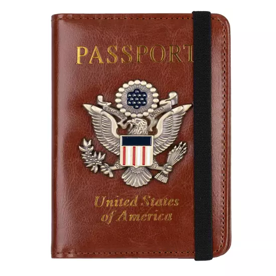 RFID Blocking Leather Passport Holder with 3D Metal Badge, Travel Document Passp