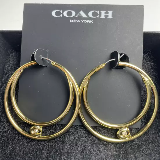 Earrings Coach Double Hoop Gold With Crystal In The Signature C New With Tags